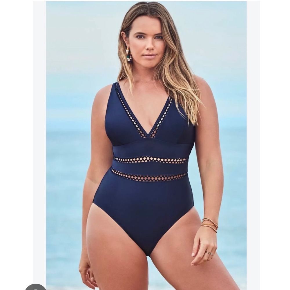 Swimsuits For All Navy Blue Crochet Lattice One Piece Swimsuit Size 18